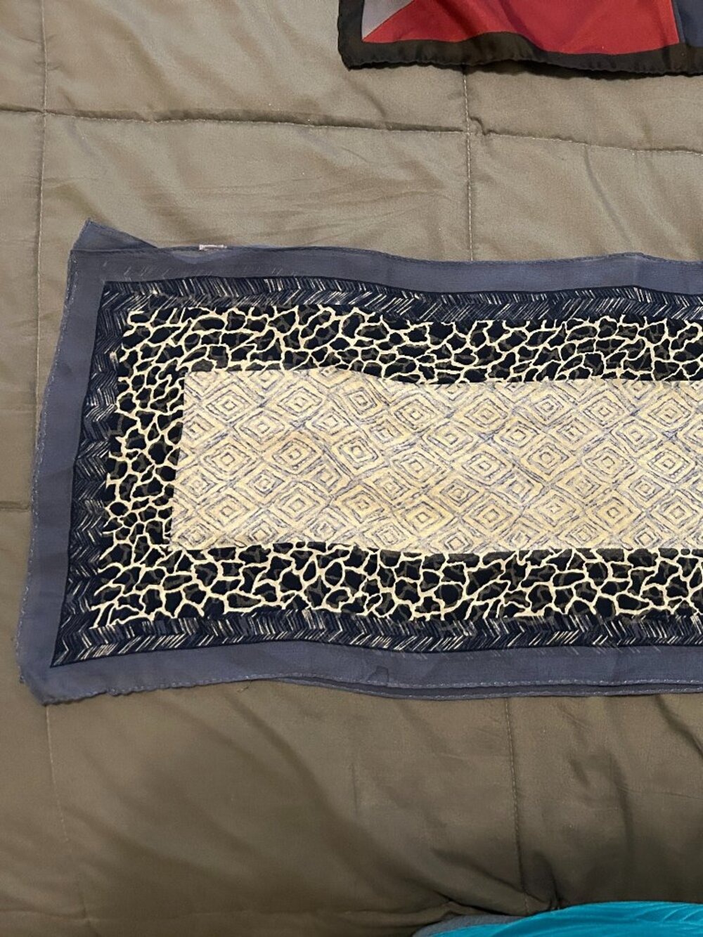 Long Blue Patterned Silk Scarf
